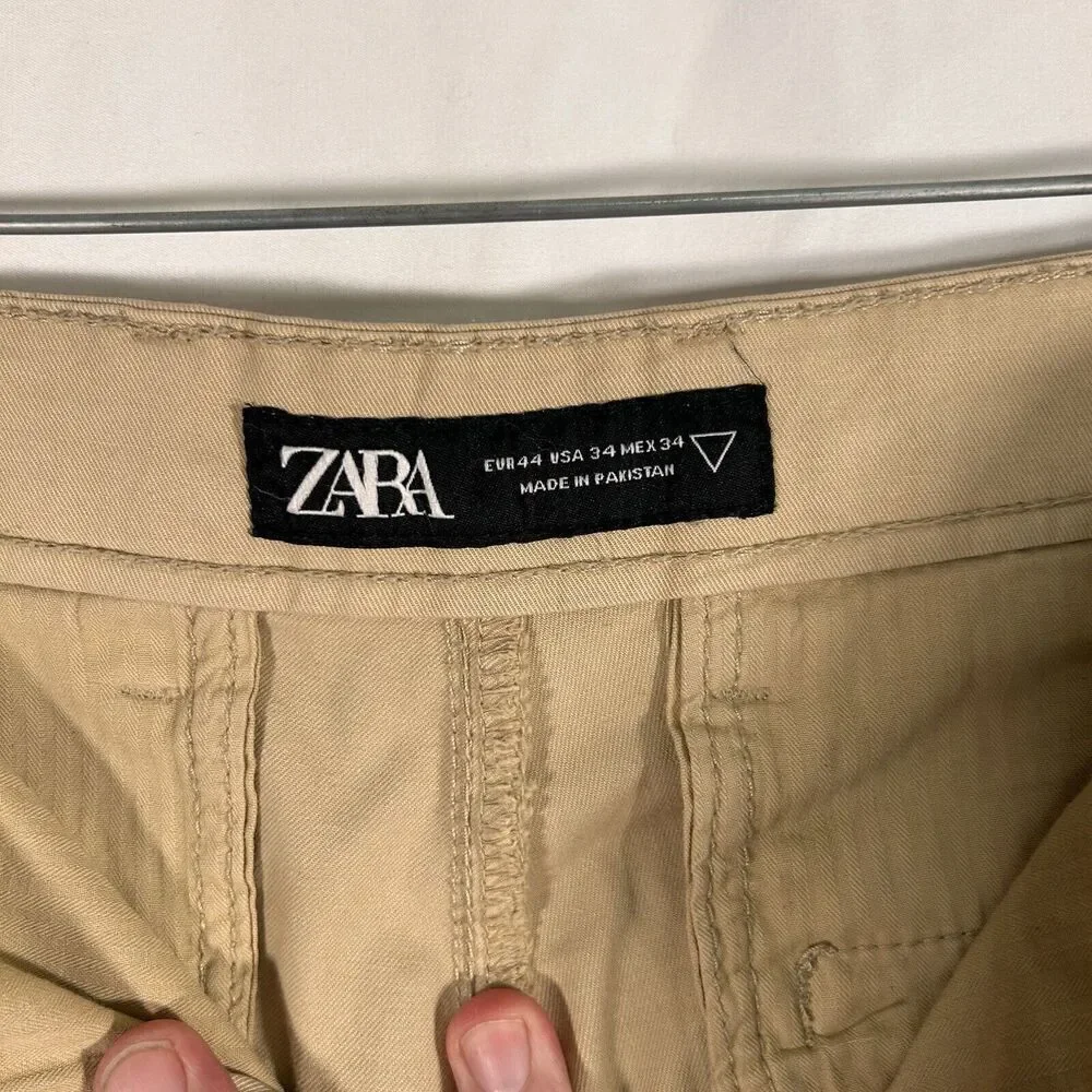 Zara Pants Men's 34 Khaki Denim Tan Pockets Cotton Blend Button Zip